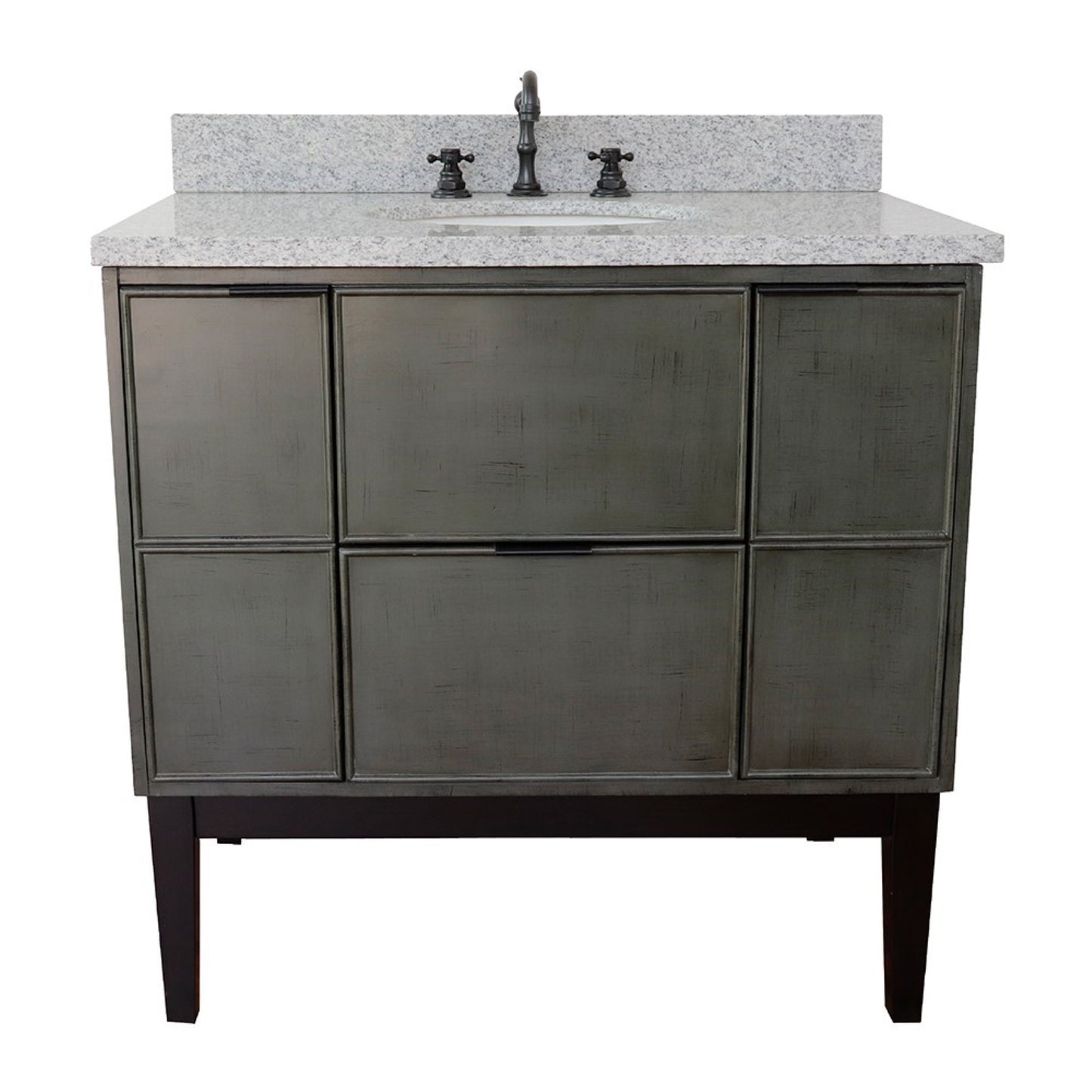 37" Single vanity in Linen Gray finish with Gray granite top and oval sink