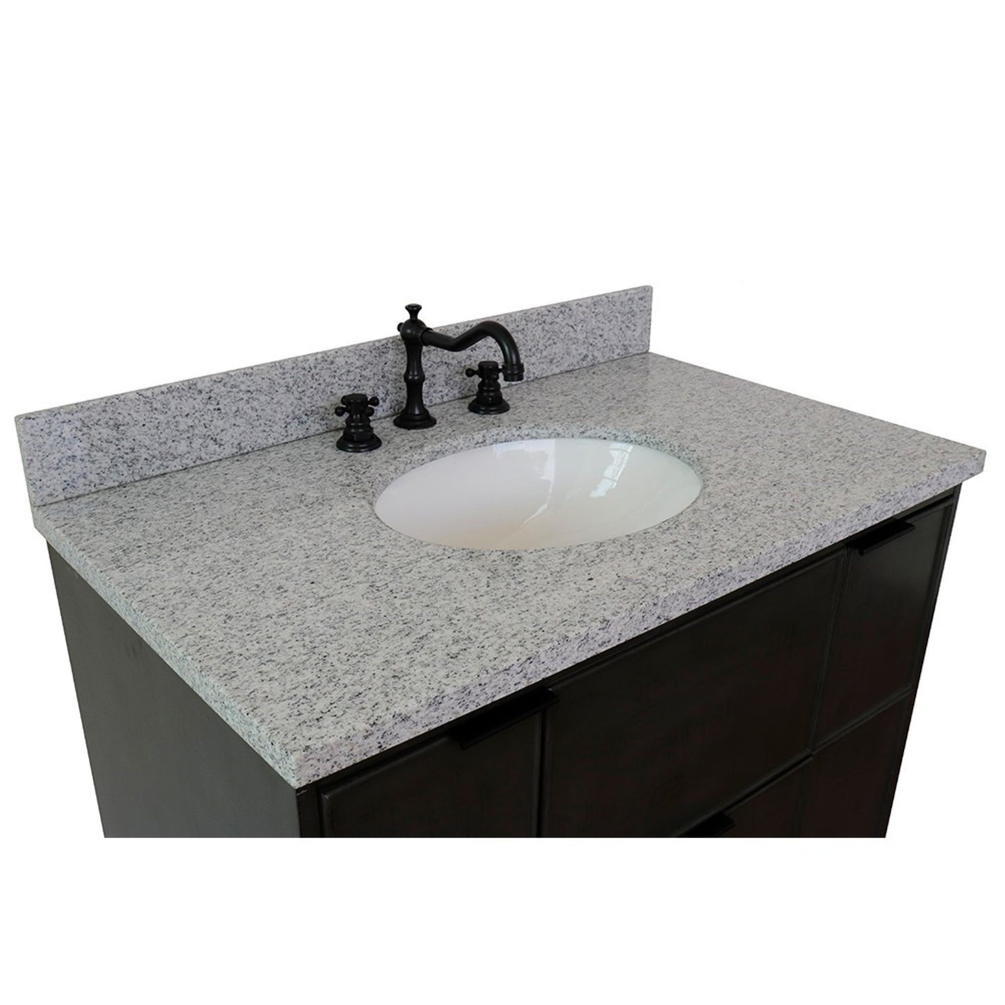 37" Single vanity in Linen Gray finish with Gray granite top and oval sink