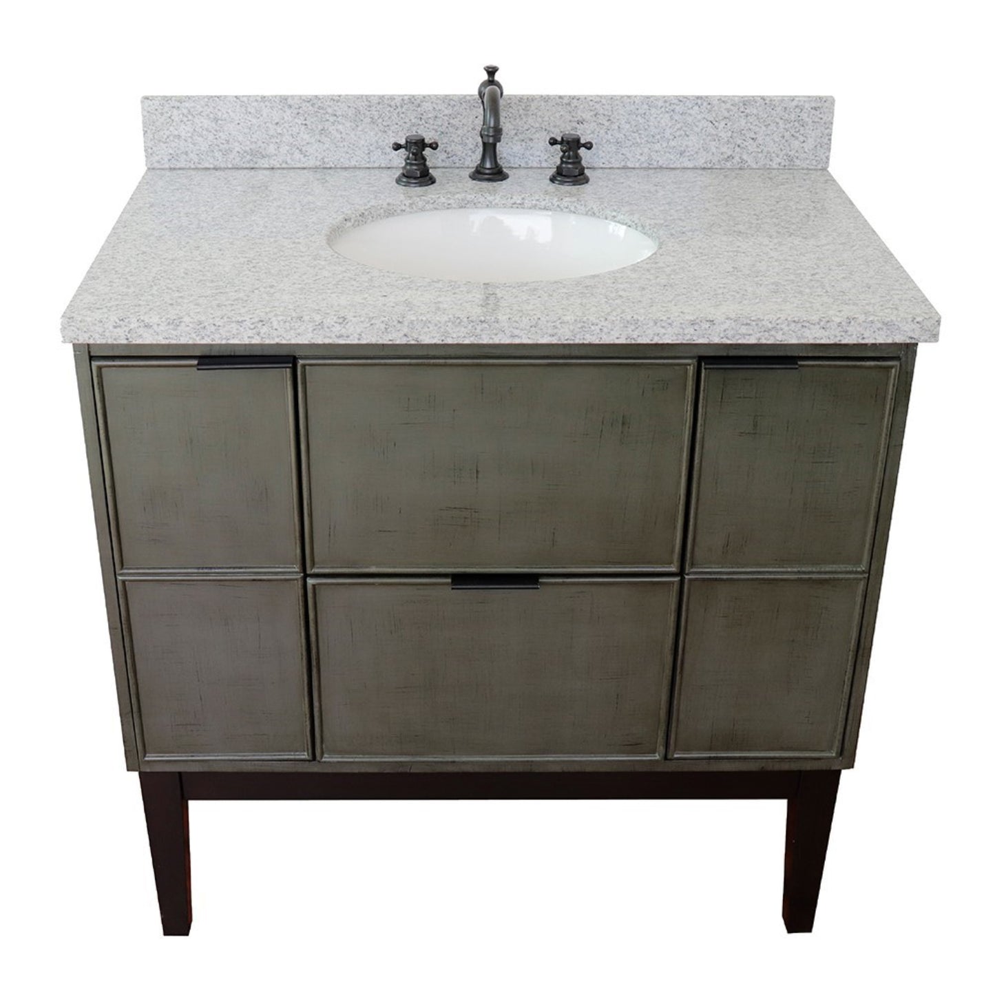 37" Single vanity in Linen Gray finish with Gray granite top and oval sink