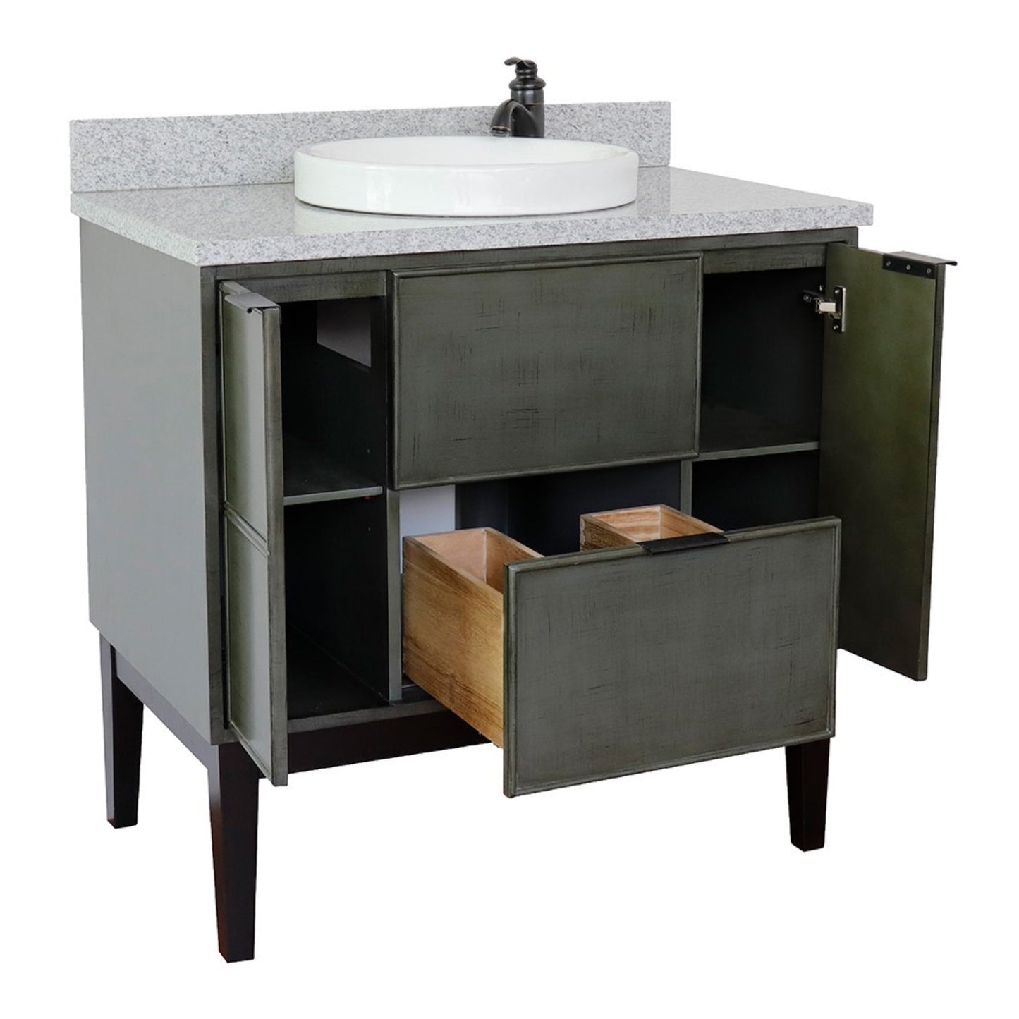 37" Single vanity in Linen Gray finish with Gray granite top and round sink