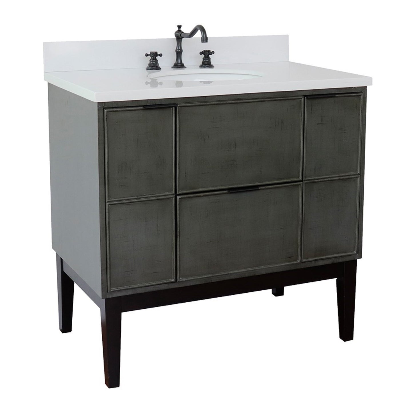 37" Single vanity in Linen Gray finish with White engineered stone top and oval sink