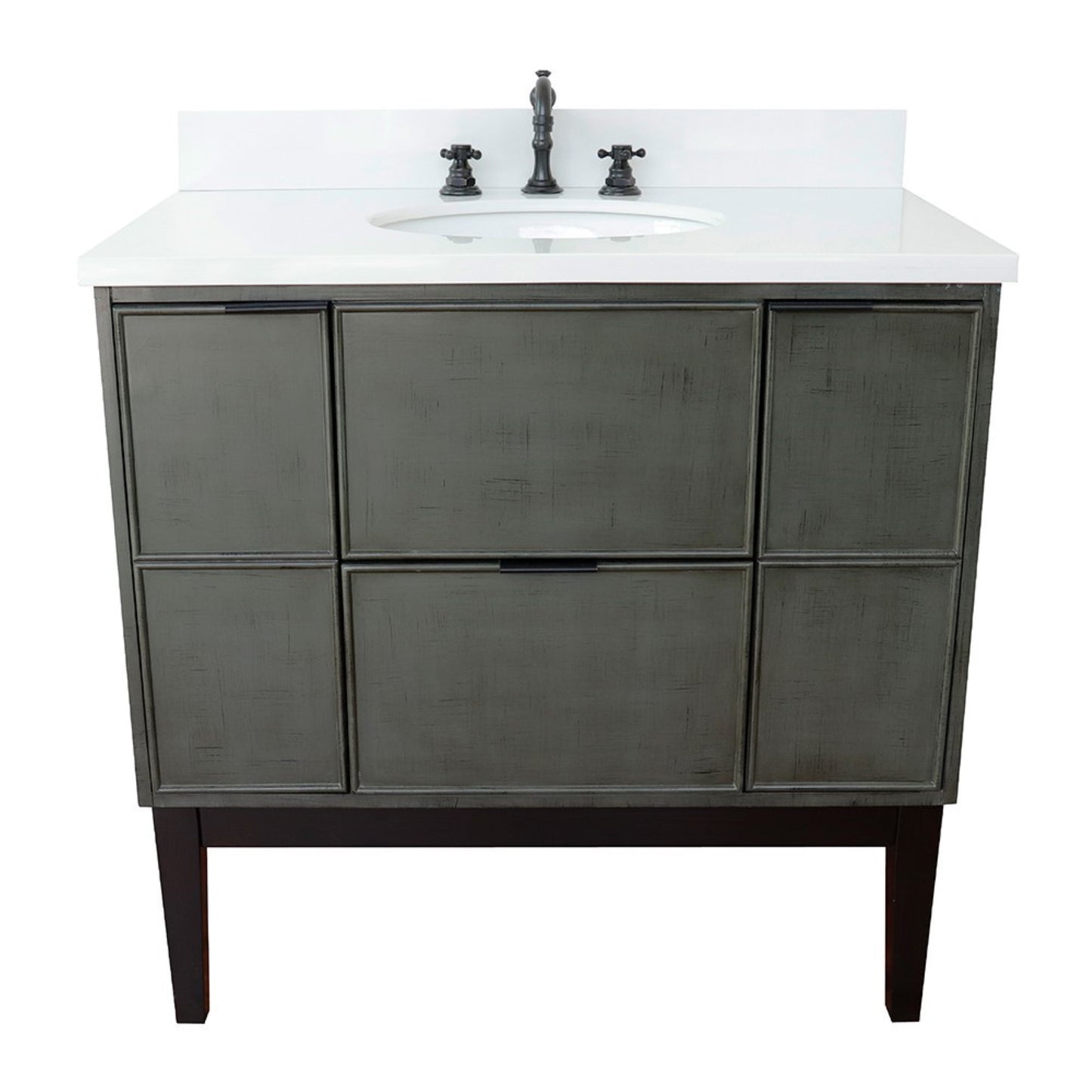 37" Single vanity in Linen Gray finish with White engineered stone top and oval sink
