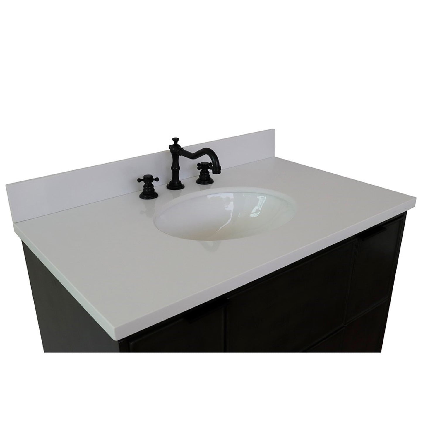 37" Single vanity in Linen Gray finish with White engineered stone top and oval sink