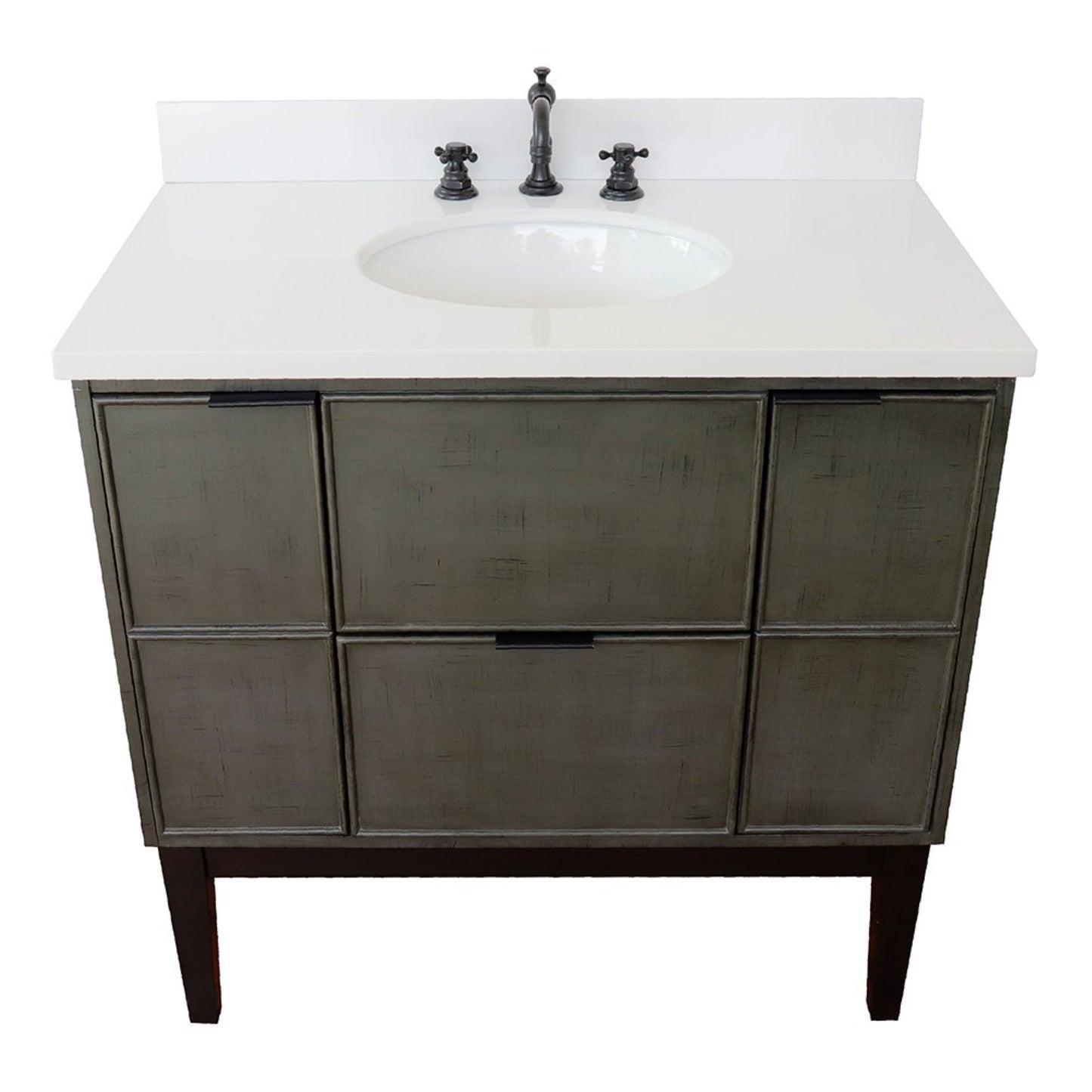 37" Single vanity in Linen Gray finish with White engineered stone top and oval sink