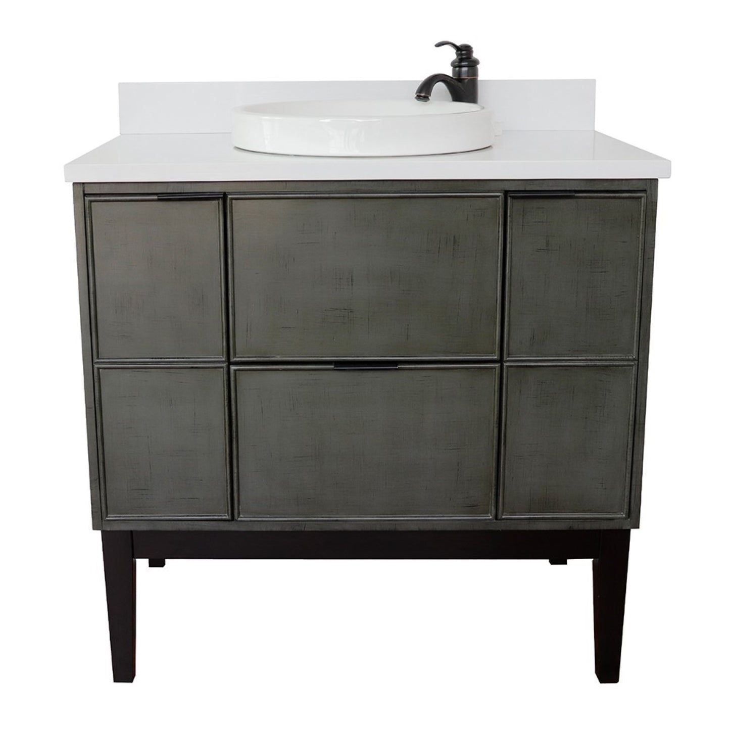 37" Single vanity in Linen Gray finish with White engineered stone top and round sink