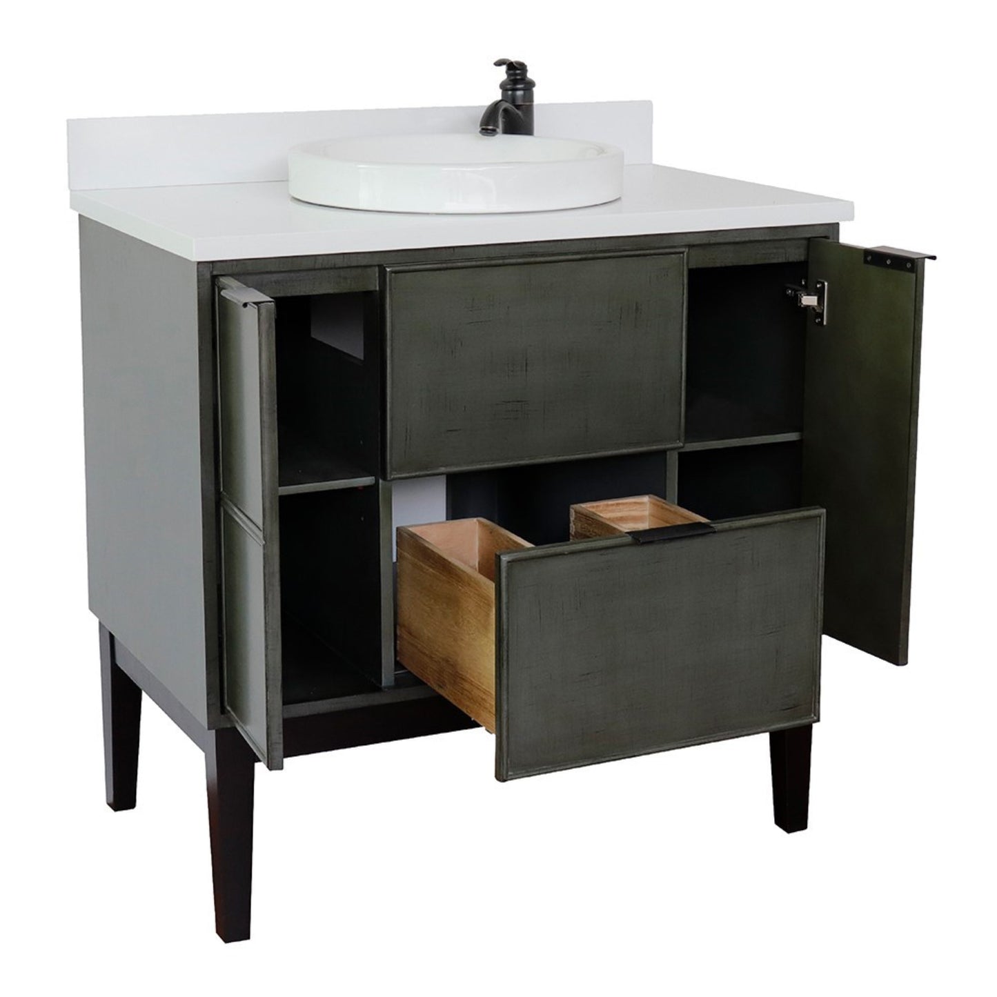 37" Single vanity in Linen Gray finish with White engineered stone top and round sink