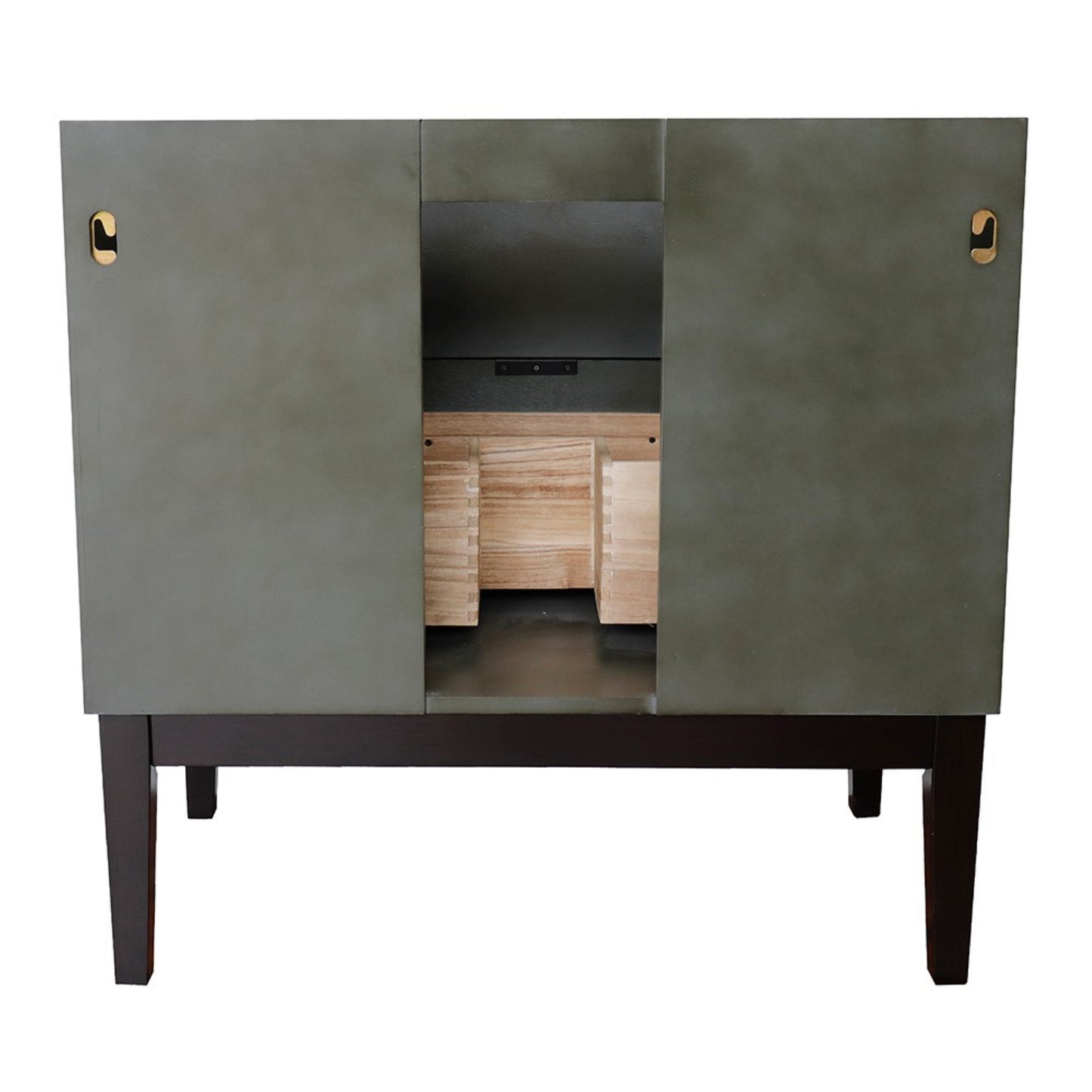 37" Single vanity in Linen Gray finish with White engineered stone top and round sink