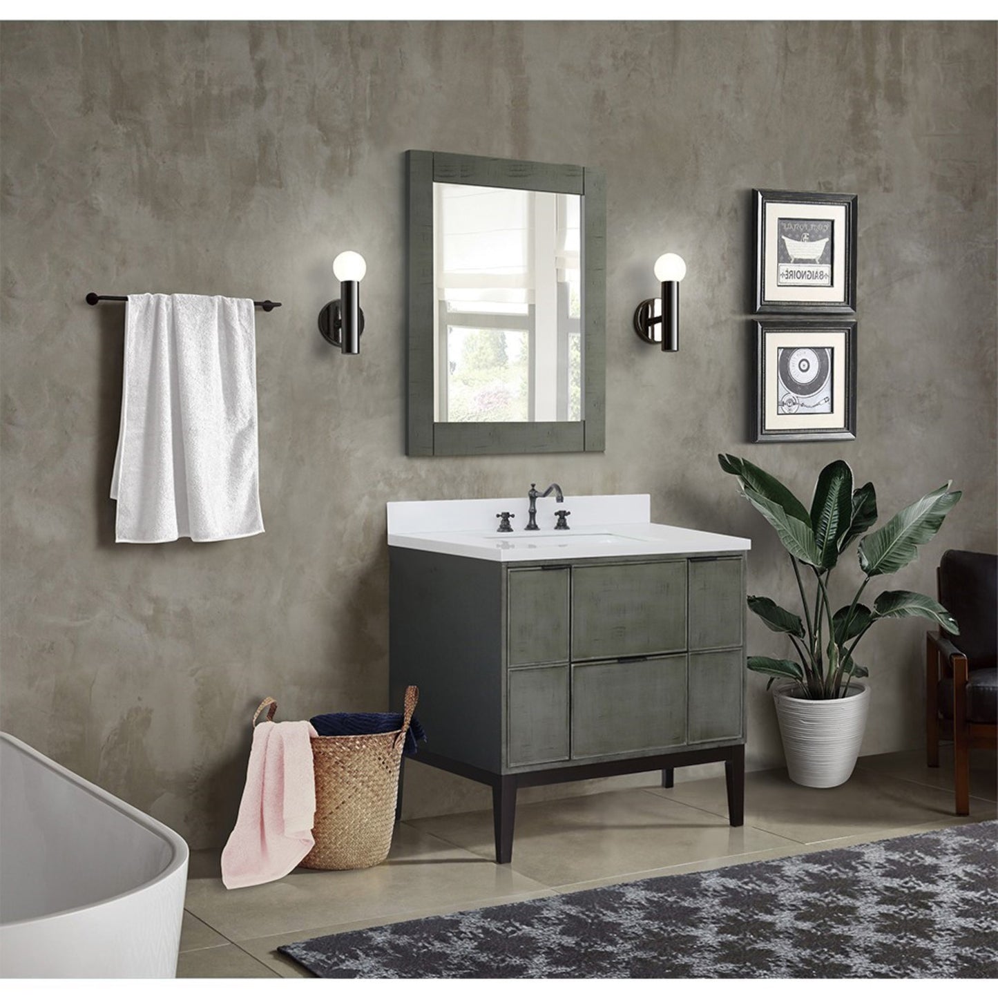 37" Single vanity in Linen Gray finish with White engineered stone top and rectangle sink