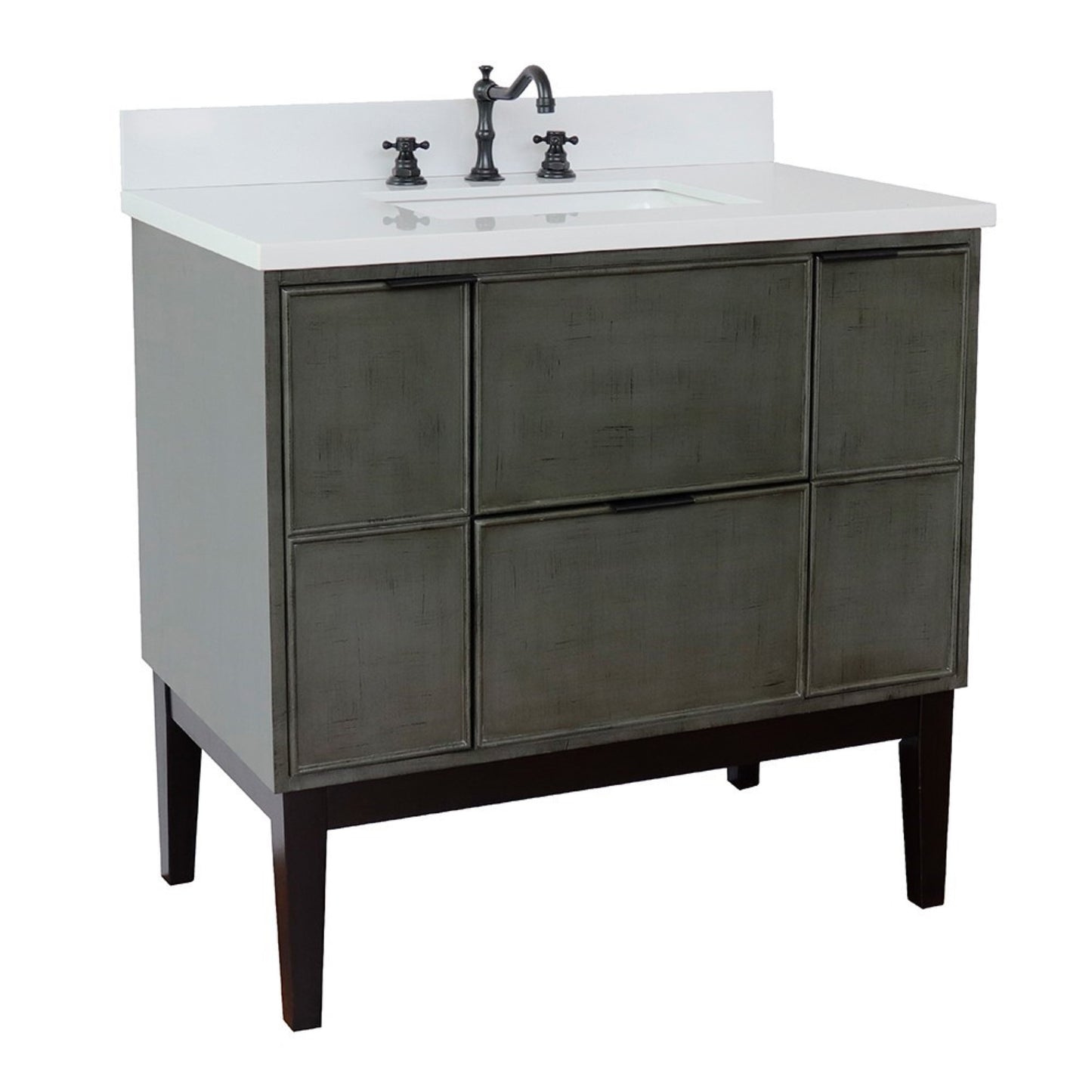 37" Single vanity in Linen Gray finish with White engineered stone top and rectangle sink