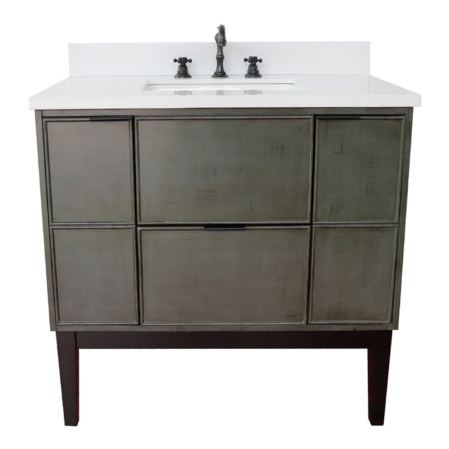37" Single vanity in Linen Gray finish with White engineered stone top and rectangle sink