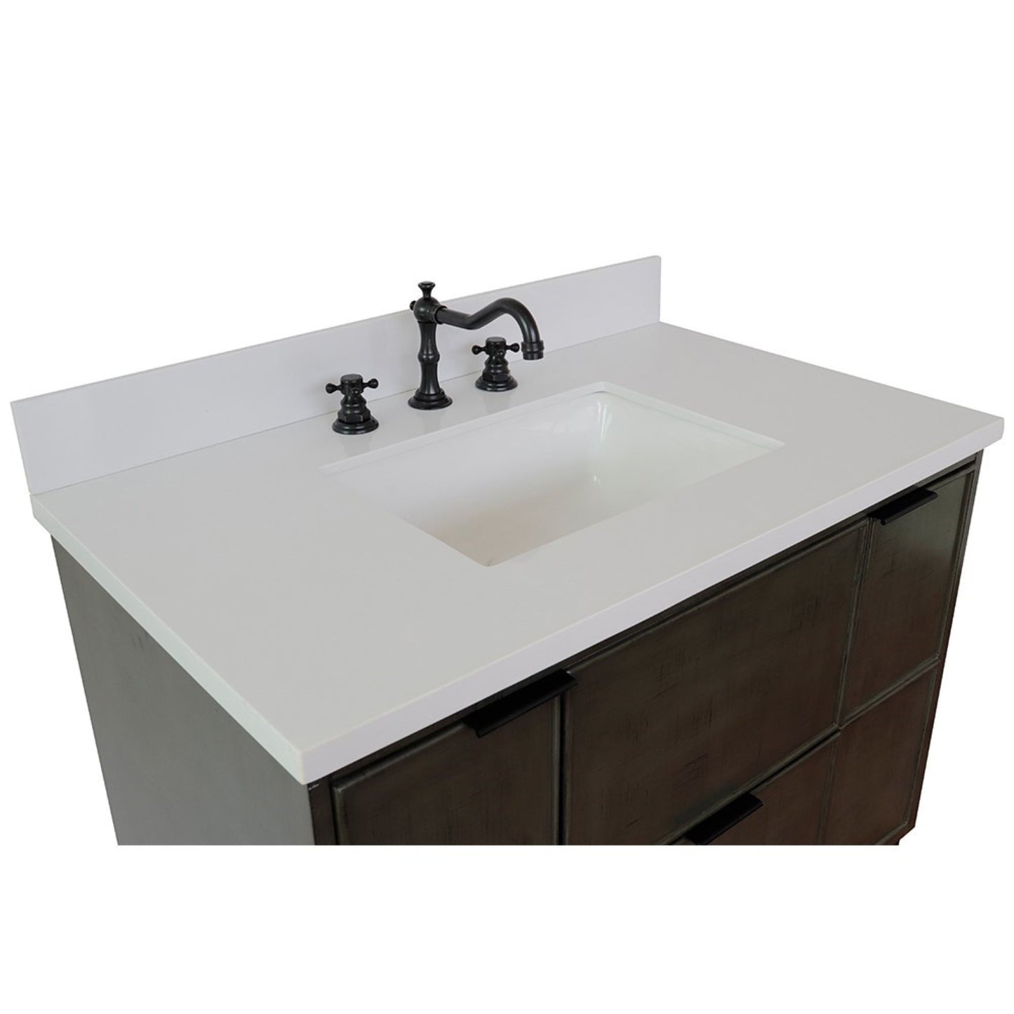 37" Single vanity in Linen Gray finish with White engineered stone top and rectangle sink