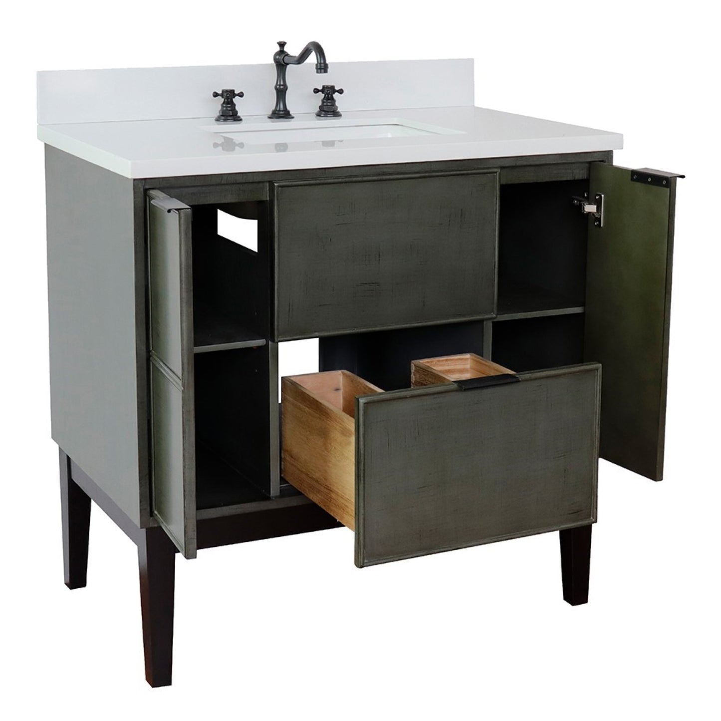 37" Single vanity in Linen Gray finish with White engineered stone top and rectangle sink