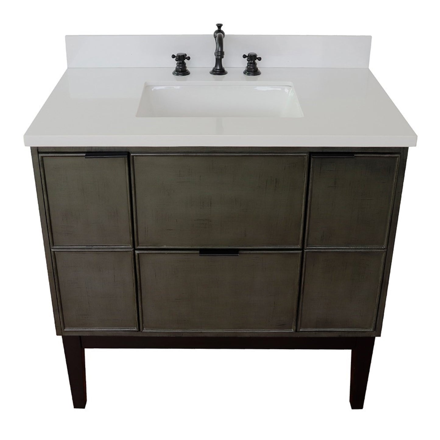 37" Single vanity in Linen Gray finish with White engineered stone top and rectangle sink