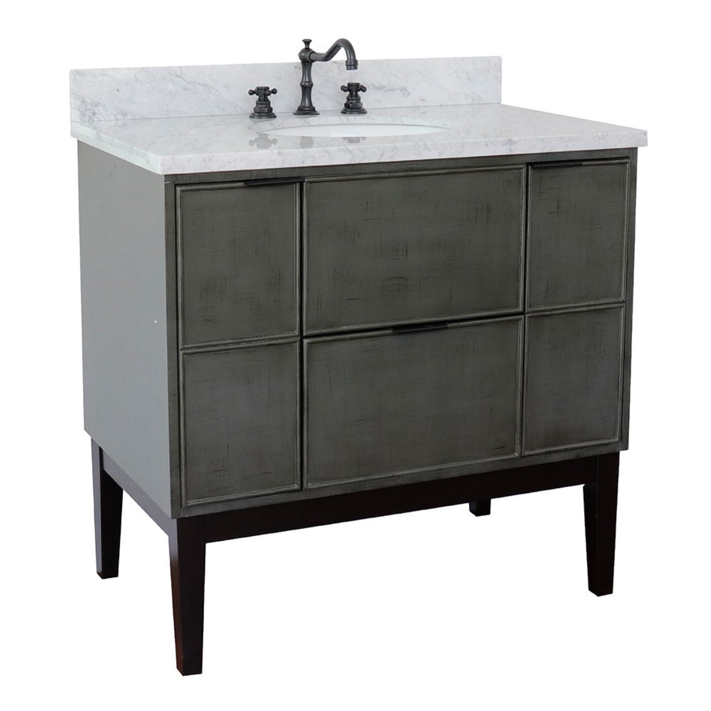 37" Single vanity in Linen Gray finish with White Carrara top and oval sink