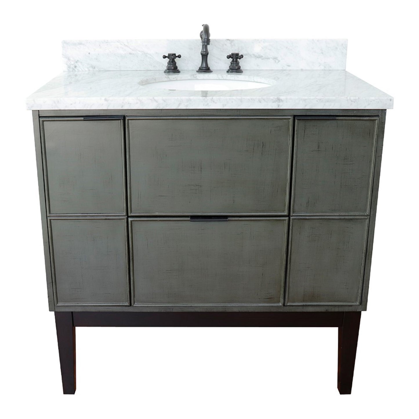37" Single vanity in Linen Gray finish with White Carrara top and oval sink