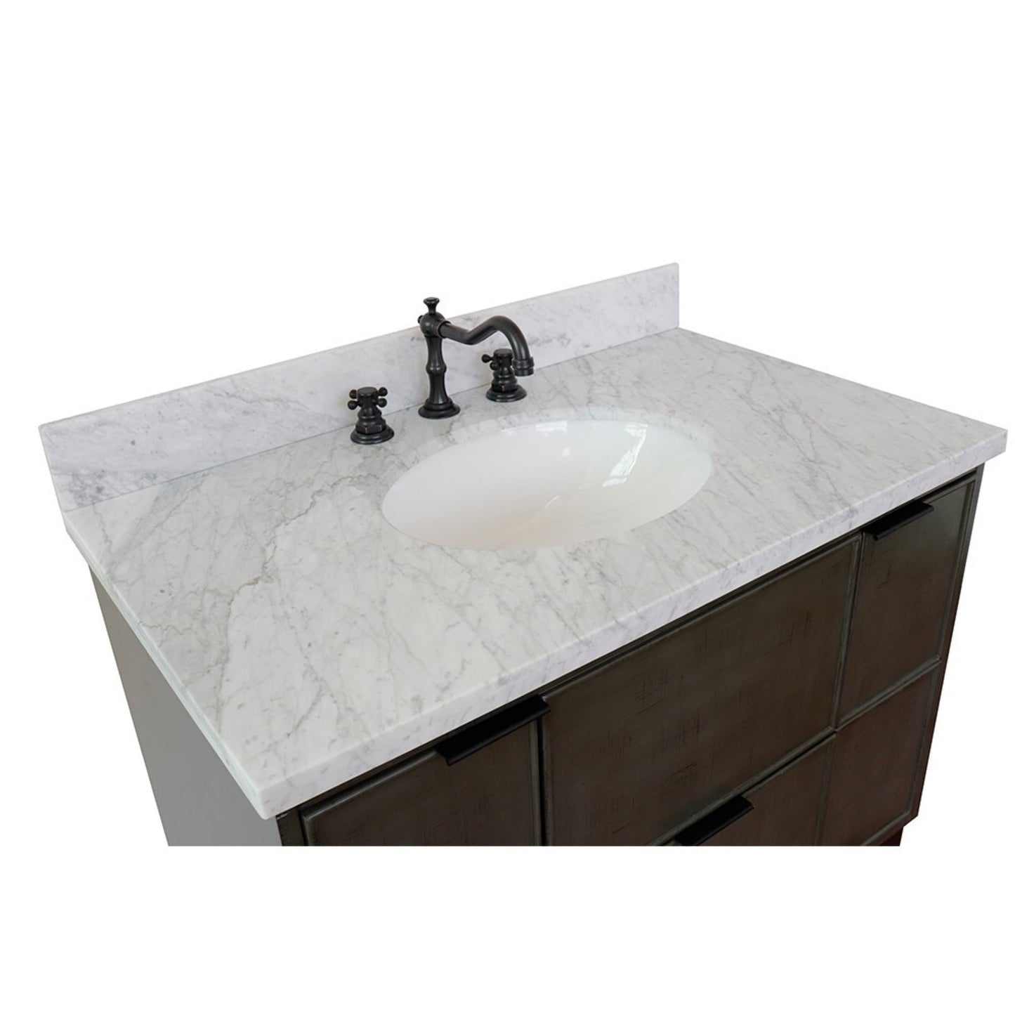 37" Single vanity in Linen Gray finish with White Carrara top and oval sink