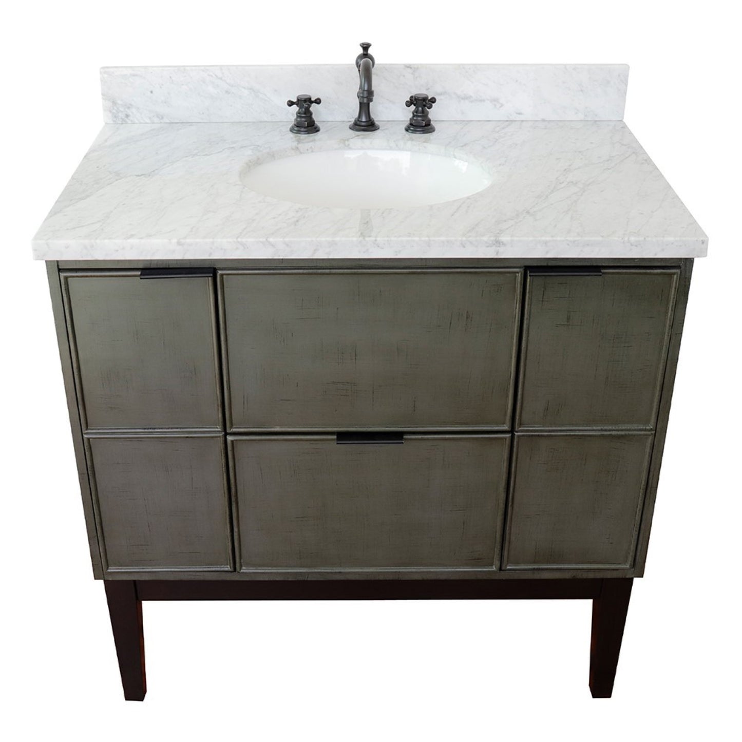 37" Single vanity in Linen Gray finish with White Carrara top and oval sink