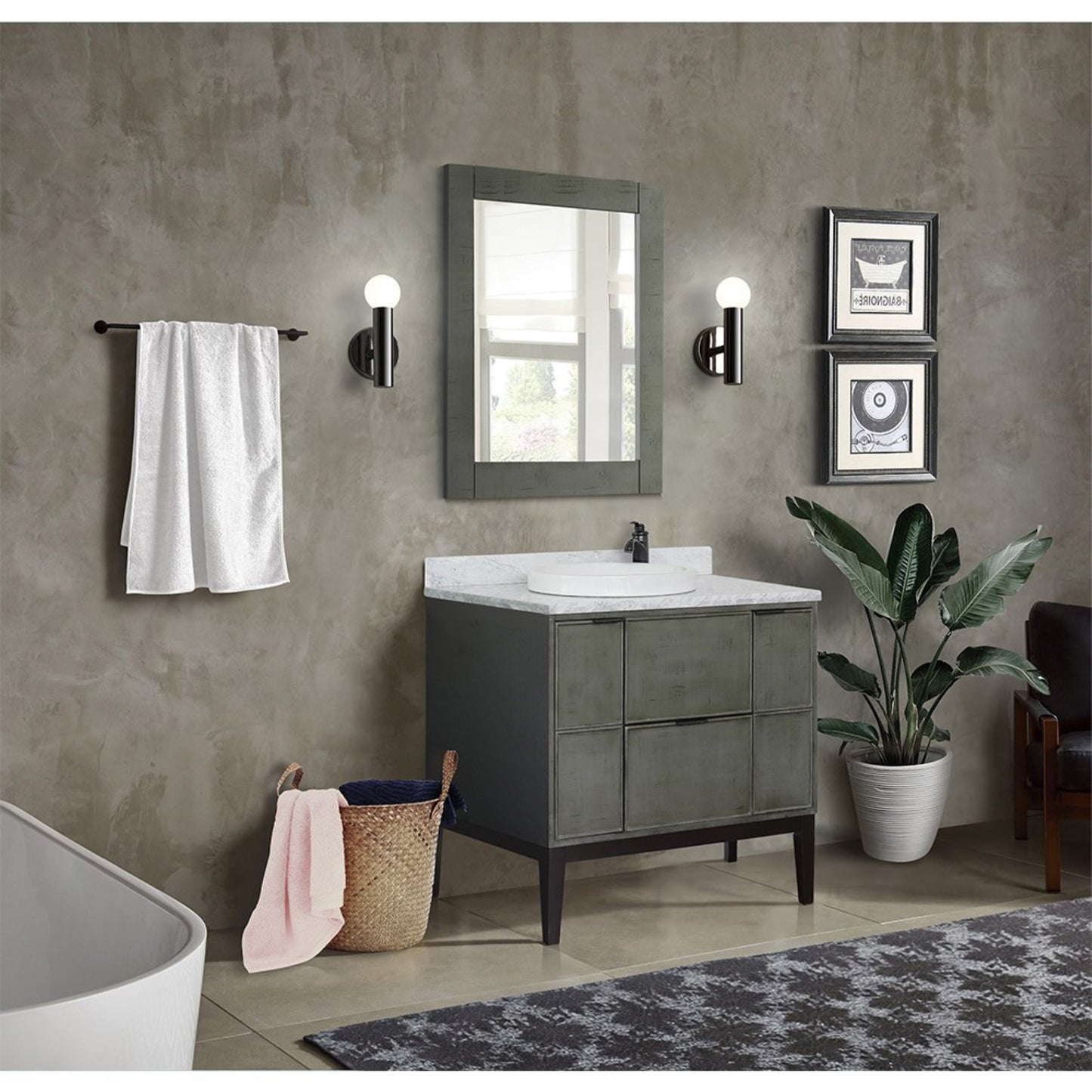 37" Single vanity in Linen Gray finish with White Carrara top and round sink