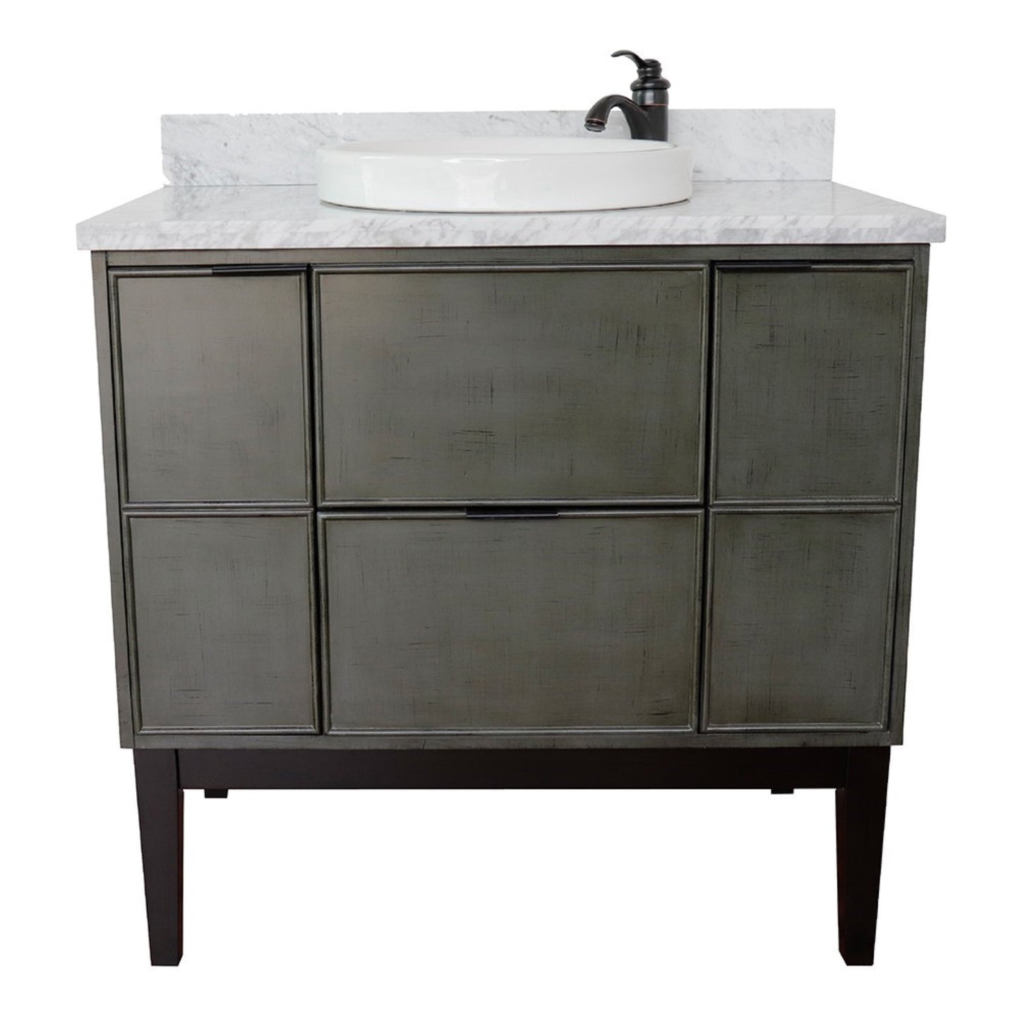 37" Single vanity in Linen Gray finish with White Carrara top and round sink