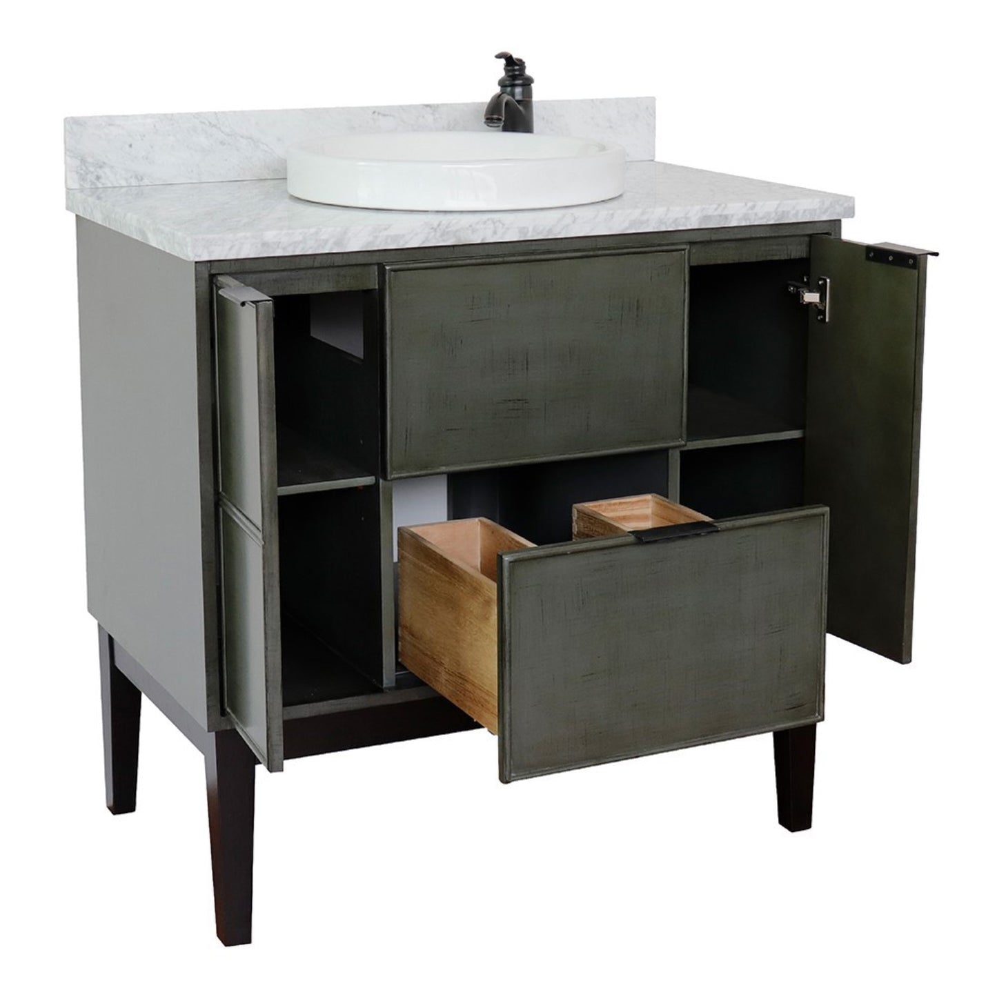 37" Single vanity in Linen Gray finish with White Carrara top and round sink