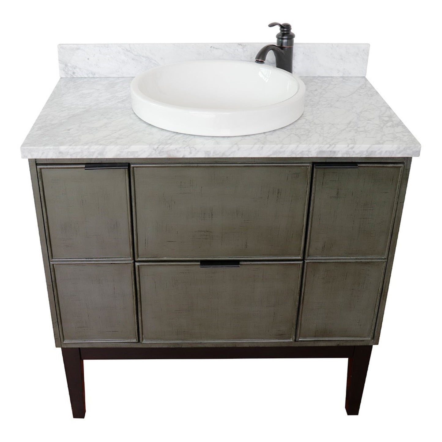 37" Single vanity in Linen Gray finish with White Carrara top and round sink