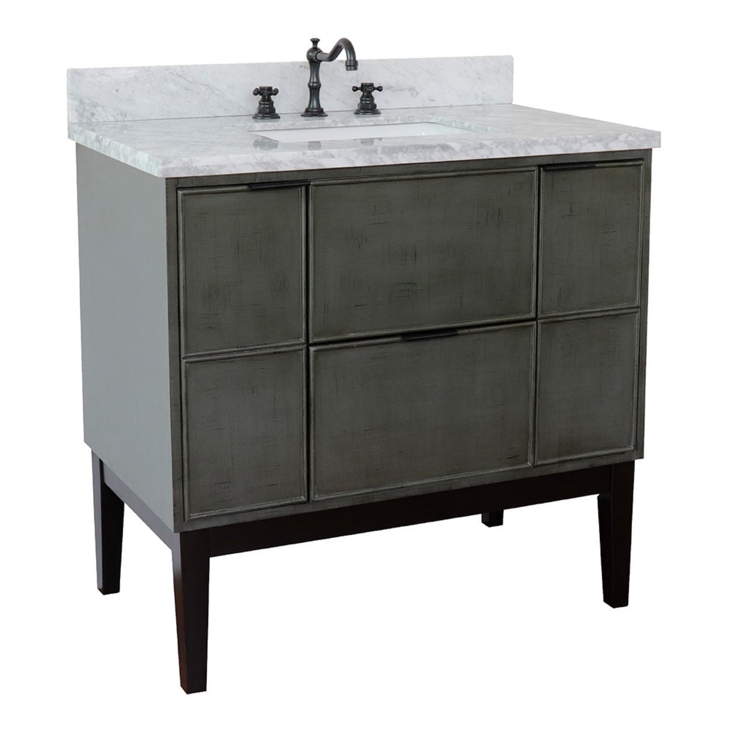 37" Single vanity in Linen Gray finish with White Carrara top and rectangle sink