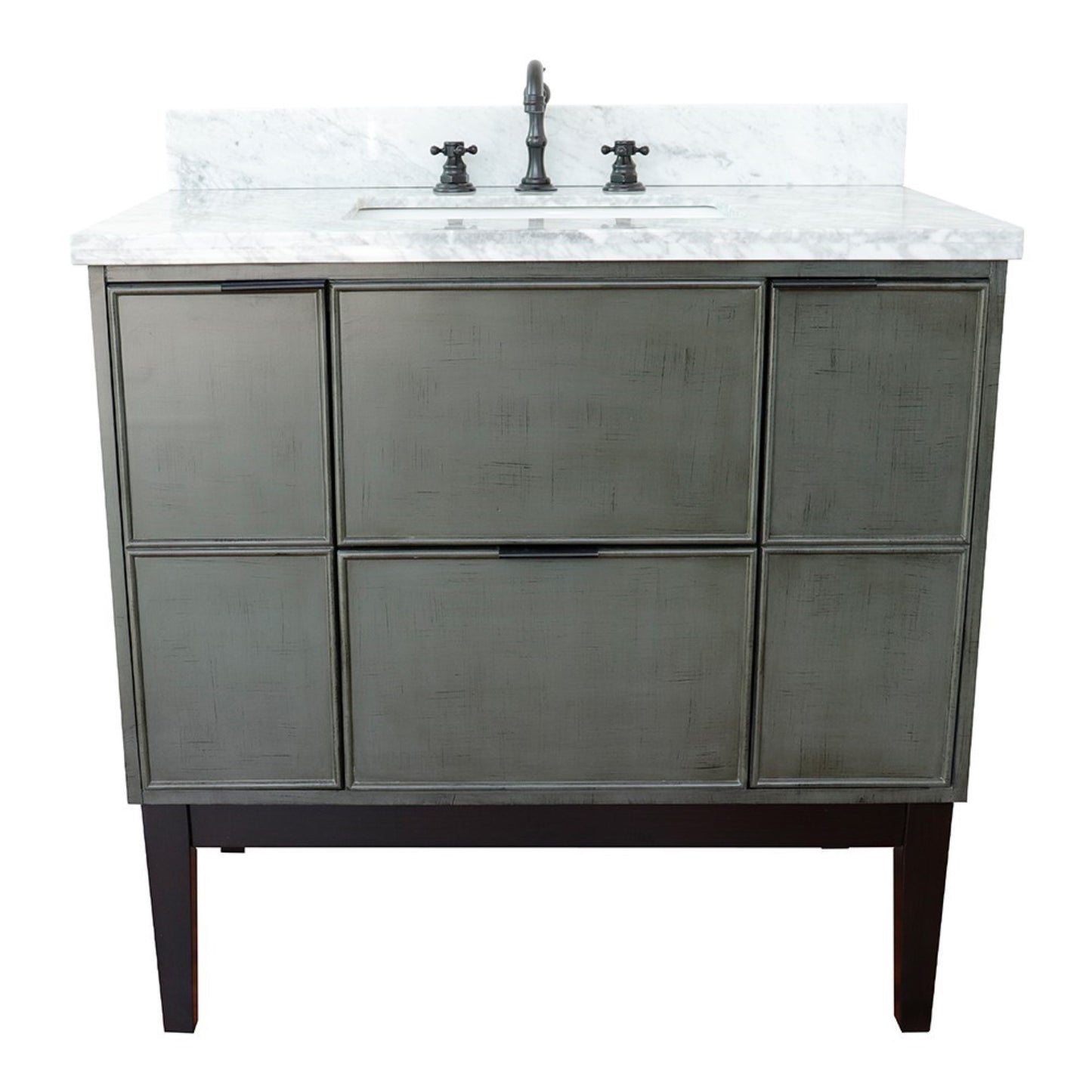 37" Single vanity in Linen Gray finish with White Carrara top and rectangle sink