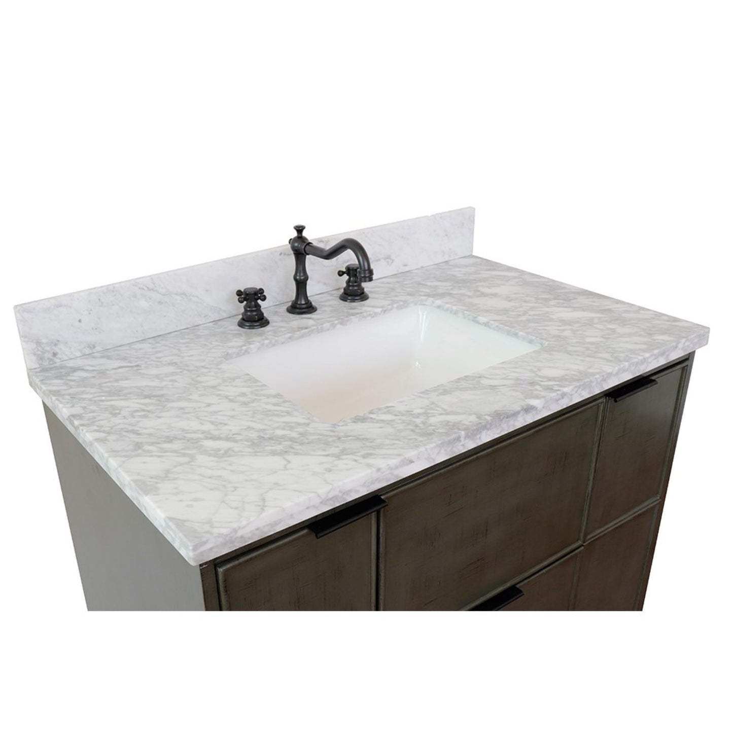 37" Single vanity in Linen Gray finish with White Carrara top and rectangle sink