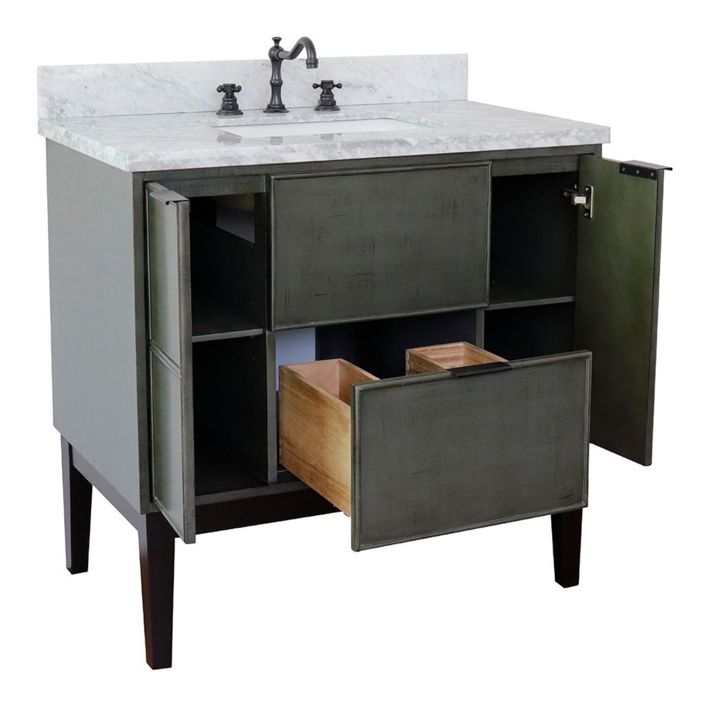 37" Single vanity in Linen Gray finish with White Carrara top and rectangle sink