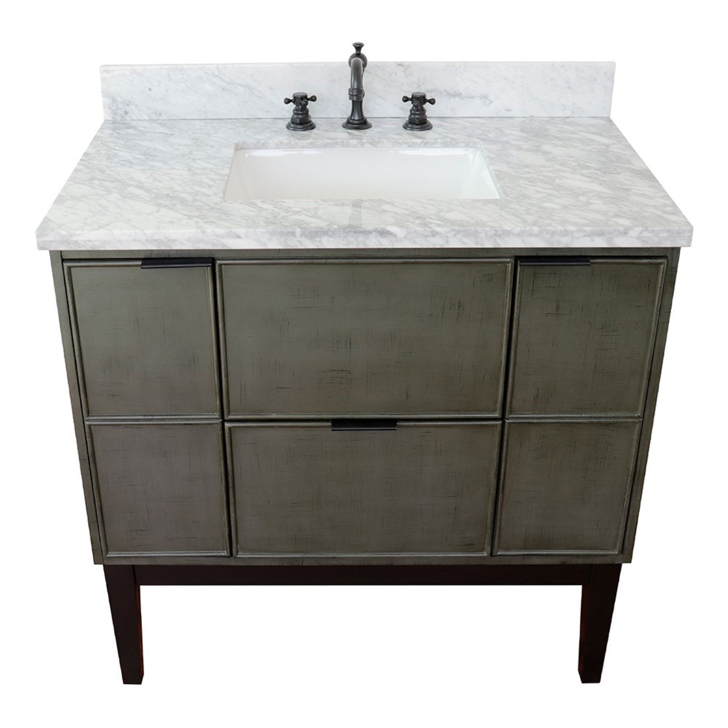 37" Single vanity in Linen Gray finish with White Carrara top and rectangle sink