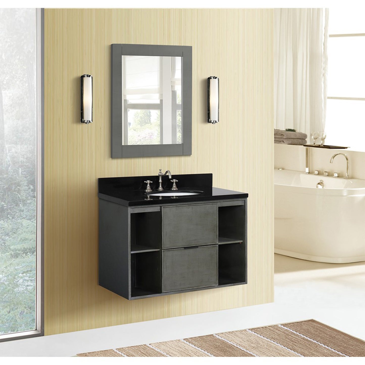 37" Single wall mount vanity in Linen Gray finish with Black Galaxy top and oval sink