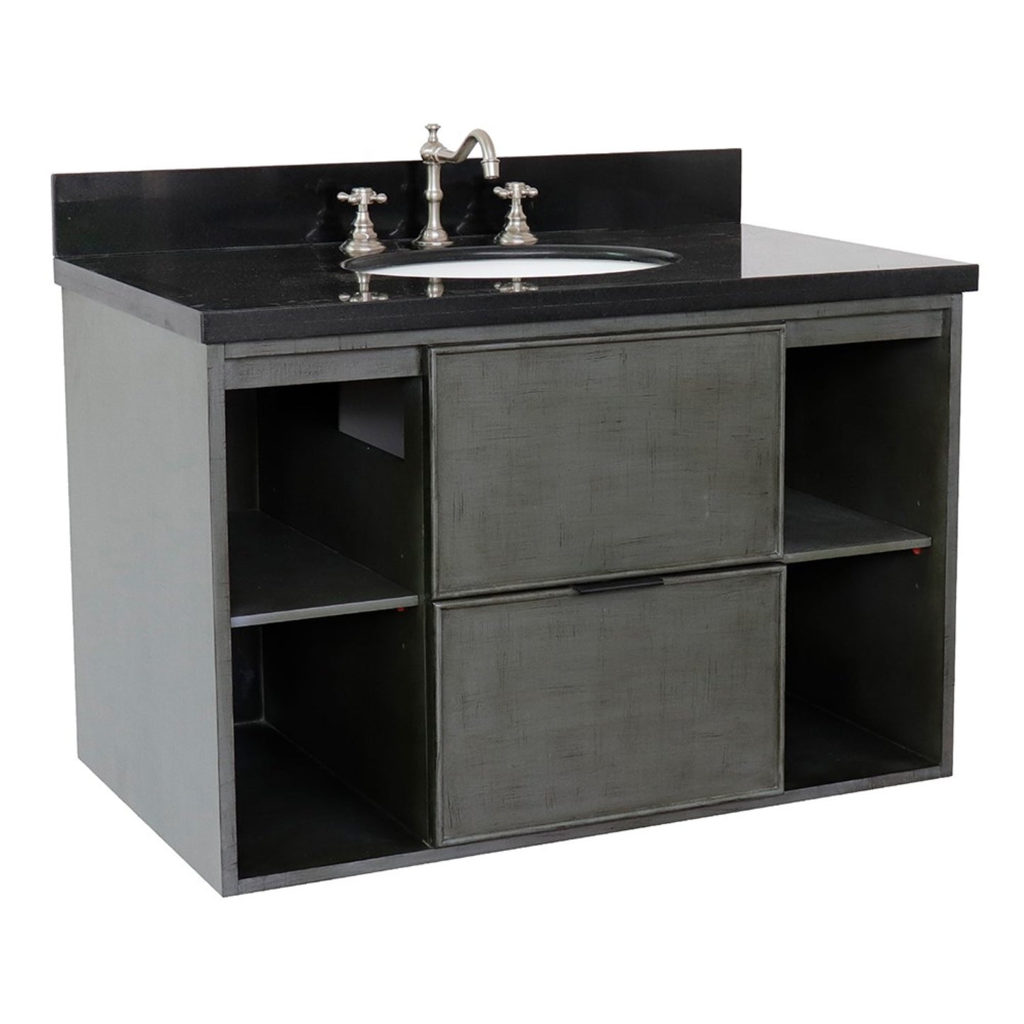 37" Single wall mount vanity in Linen Gray finish with Black Galaxy top and oval sink