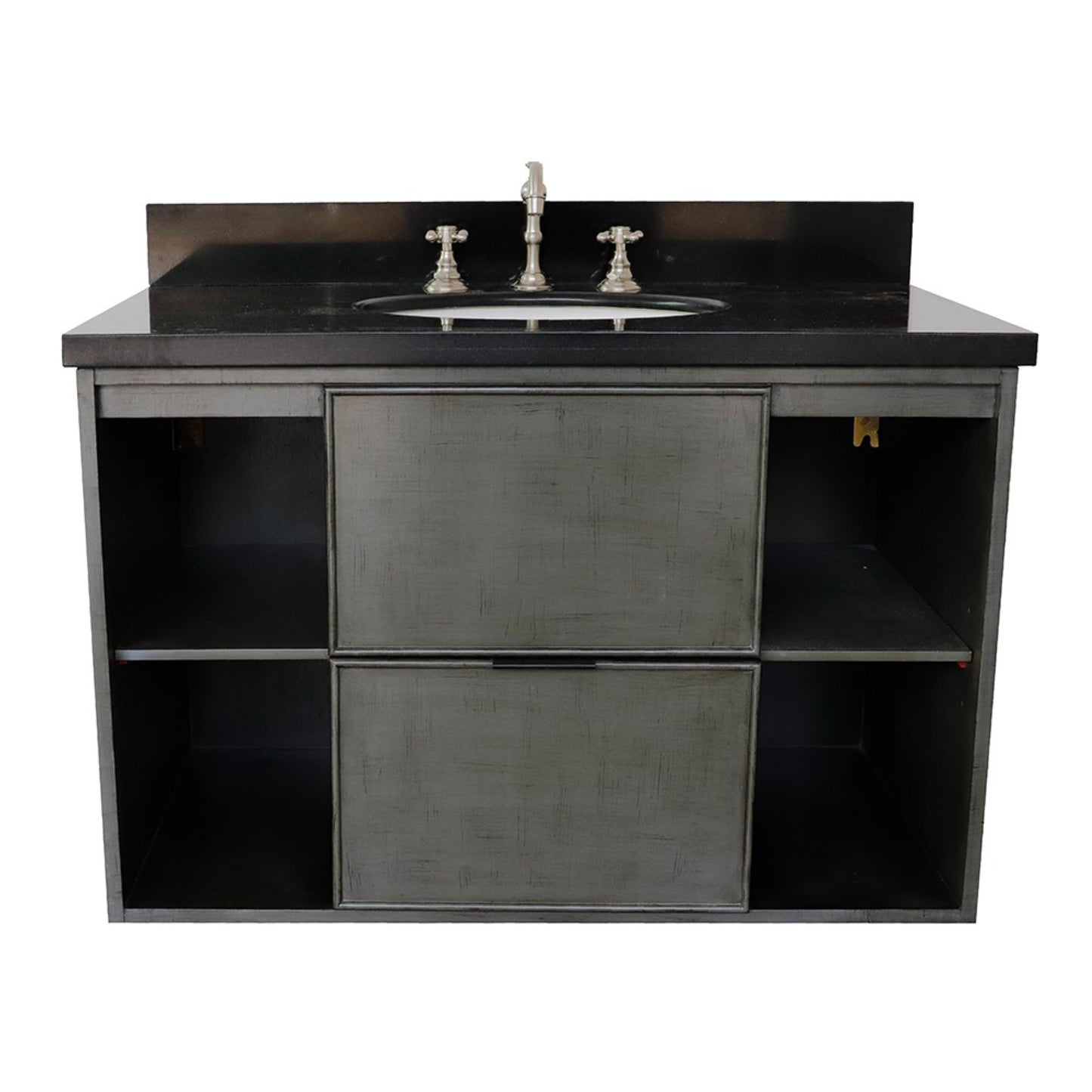 37" Single wall mount vanity in Linen Gray finish with Black Galaxy top and oval sink