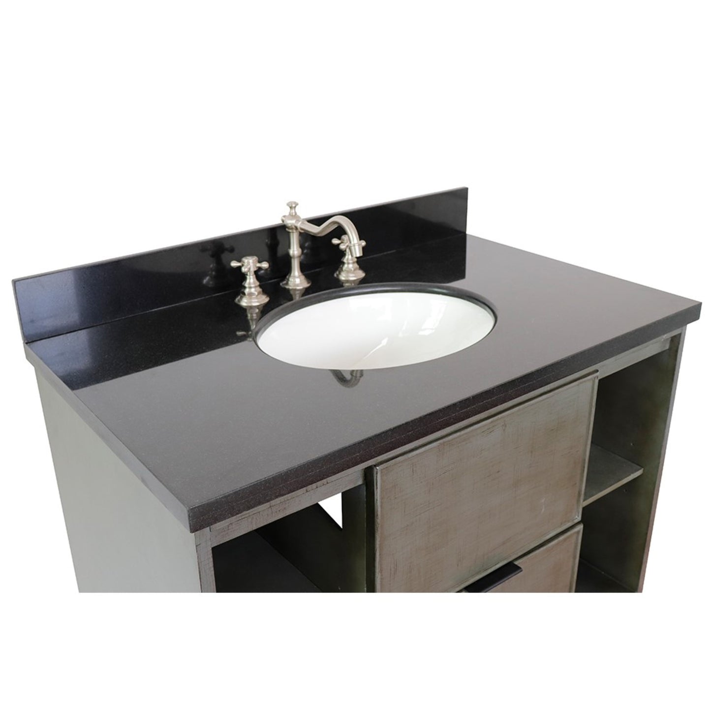 37" Single wall mount vanity in Linen Gray finish with Black Galaxy top and oval sink