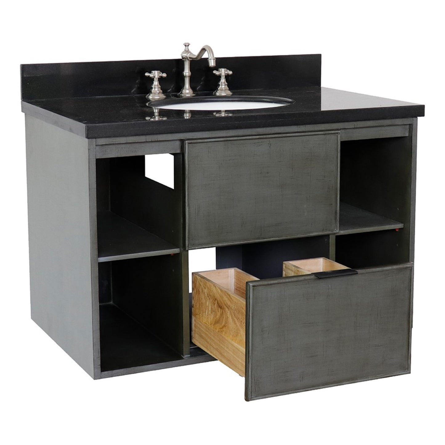 37" Single wall mount vanity in Linen Gray finish with Black Galaxy top and oval sink