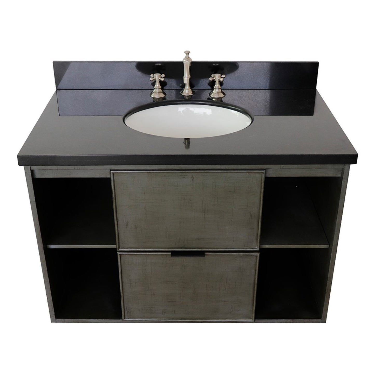 37" Single wall mount vanity in Linen Gray finish with Black Galaxy top and oval sink