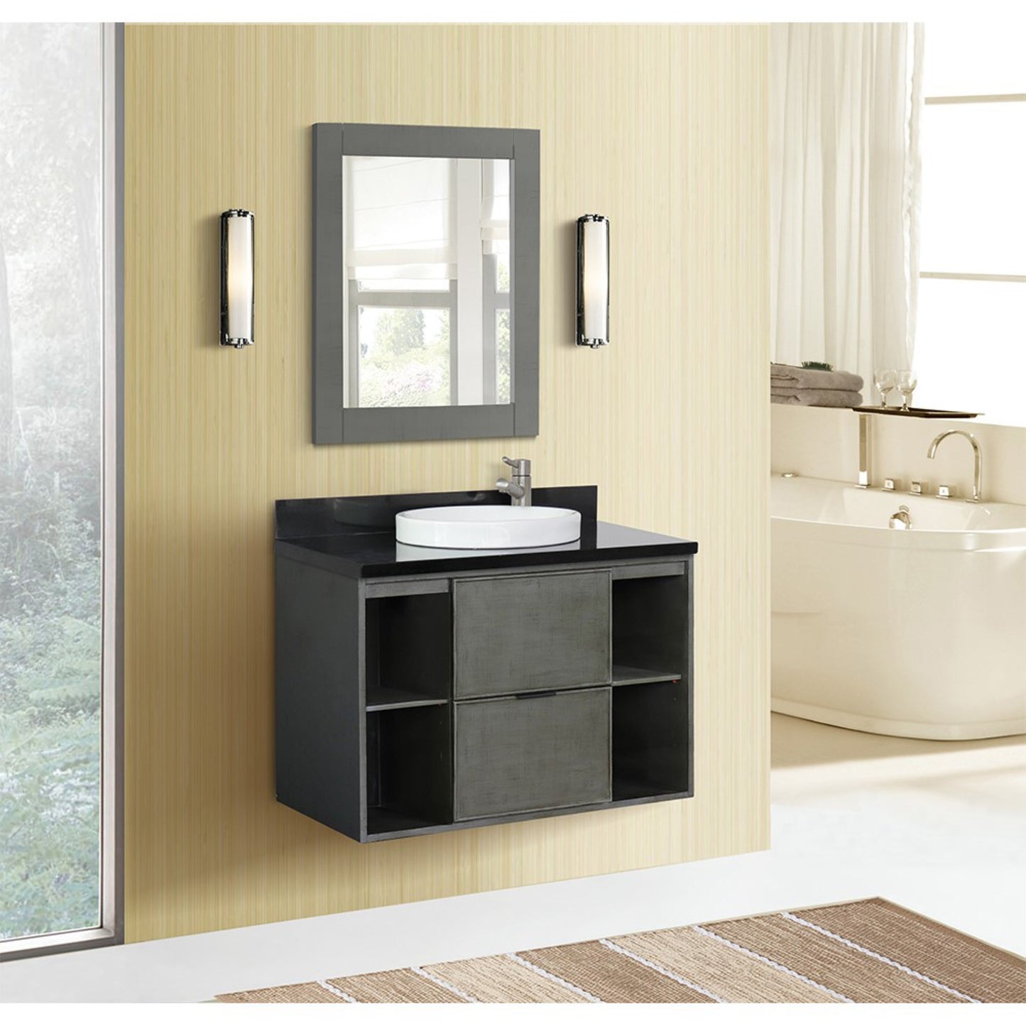 37" Single wall mount vanity in Linen Gray finish with Black Galaxy top and round sink