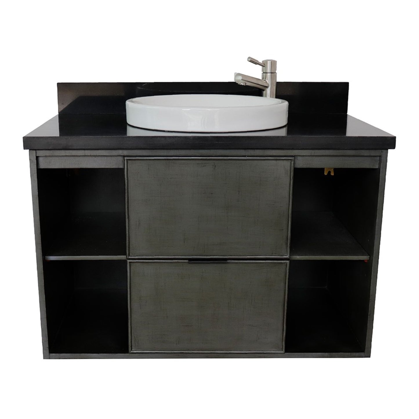 37" Single wall mount vanity in Linen Gray finish with Black Galaxy top and round sink