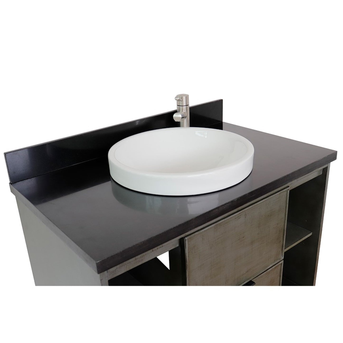 37" Single wall mount vanity in Linen Gray finish with Black Galaxy top and round sink