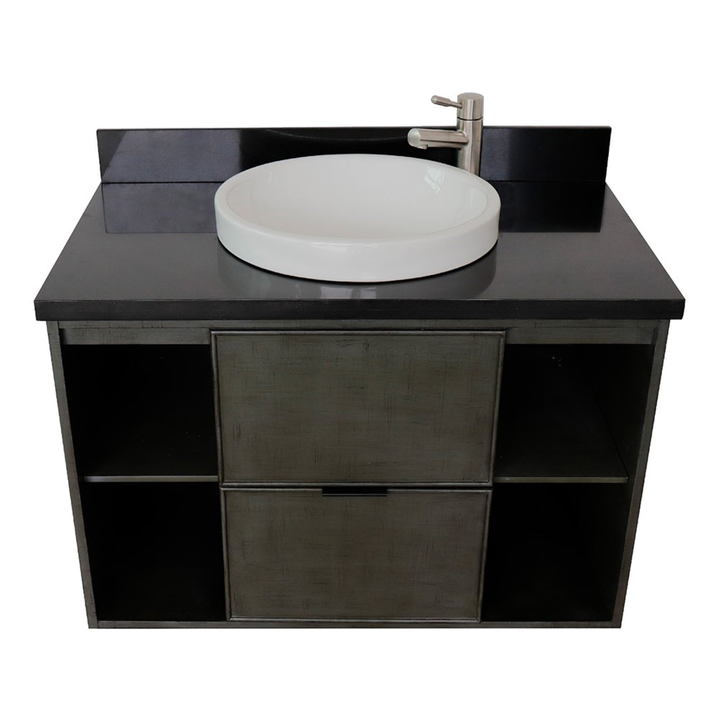 37" Single wall mount vanity in Linen Gray finish with Black Galaxy top and round sink