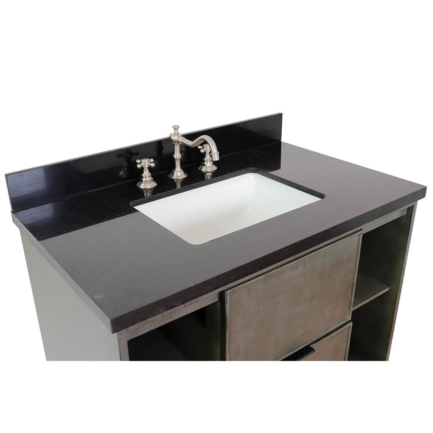37" Single wall mount vanity in Linen Gray finish with Black Galaxy top and rectangle sink