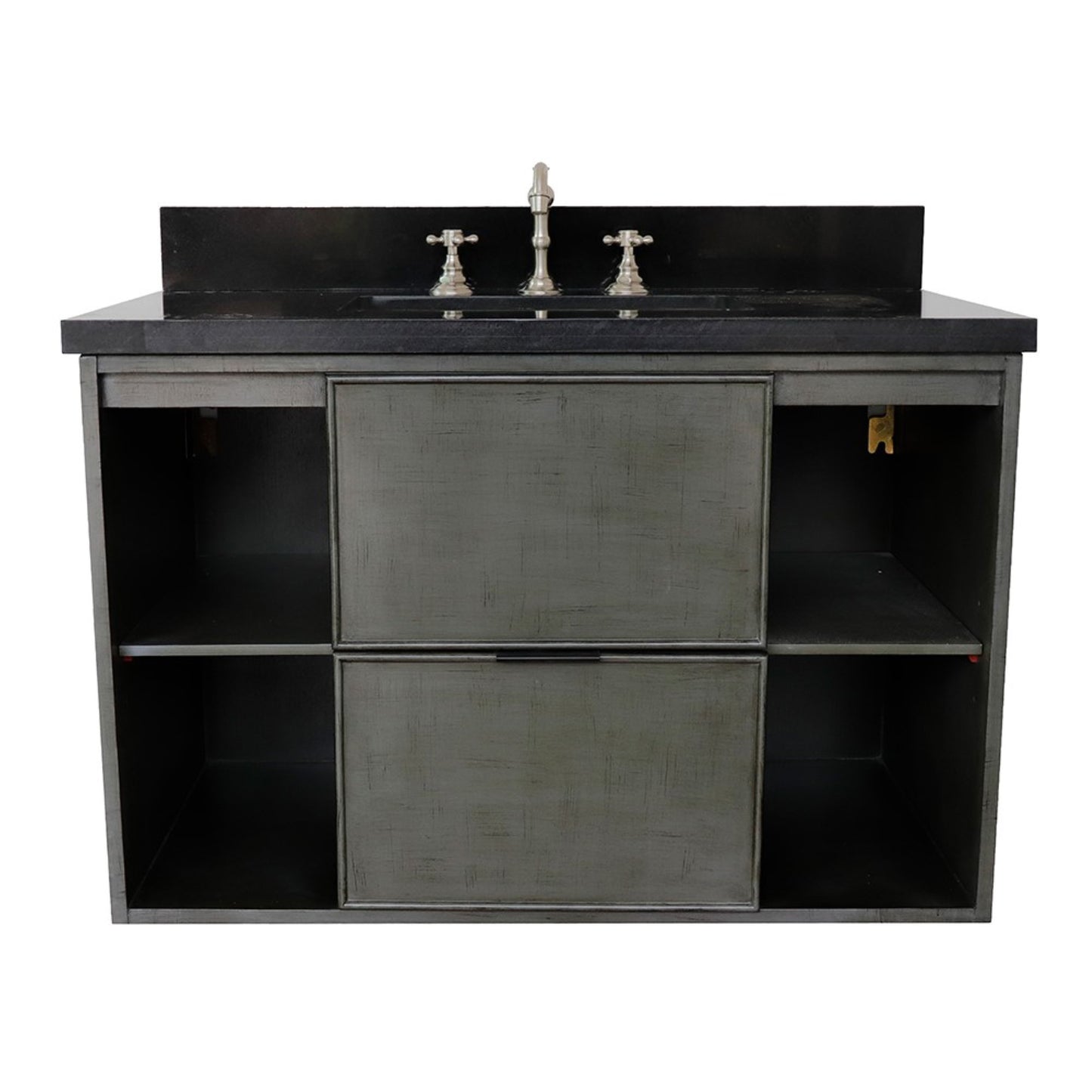 37" Single wall mount vanity in Linen Gray finish with Black Galaxy top and rectangle sink