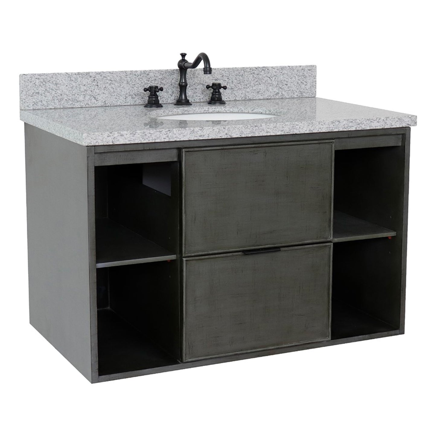 37" Single wall mount vanity in Linen Gray finish with Gray granite top and oval sink