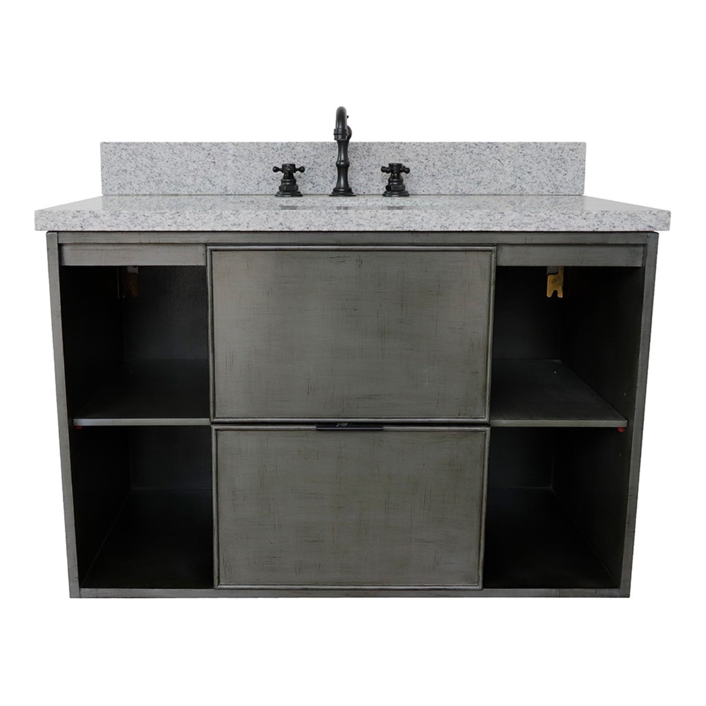 37" Single wall mount vanity in Linen Gray finish with Gray granite top and oval sink