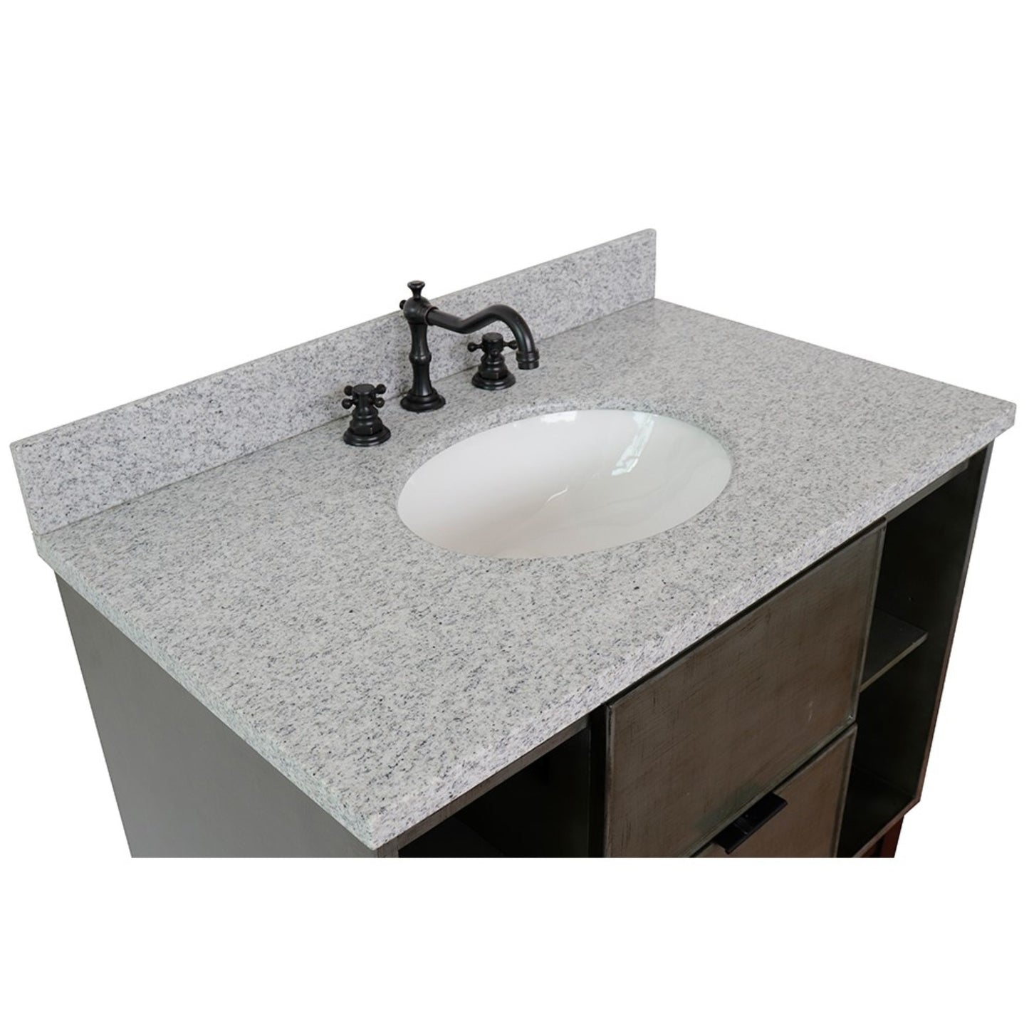 37" Single wall mount vanity in Linen Gray finish with Gray granite top and oval sink