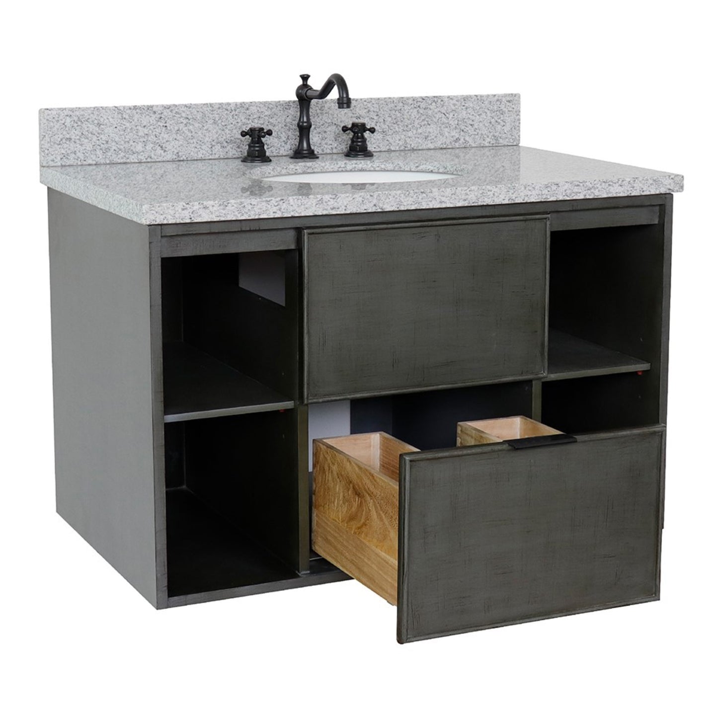 37" Single wall mount vanity in Linen Gray finish with Gray granite top and oval sink