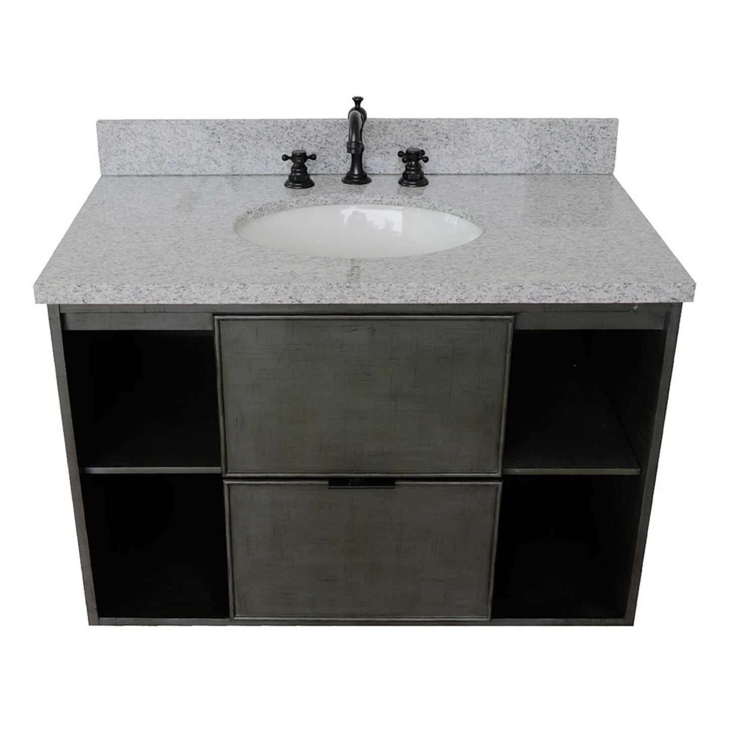 37" Single wall mount vanity in Linen Gray finish with Gray granite top and oval sink