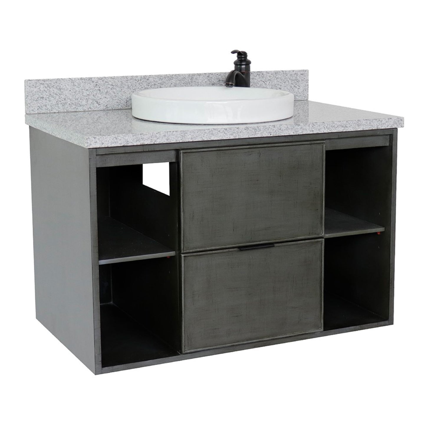 37" Single wall mount vanity in Linen Gray finish with Gray granite top and round sink