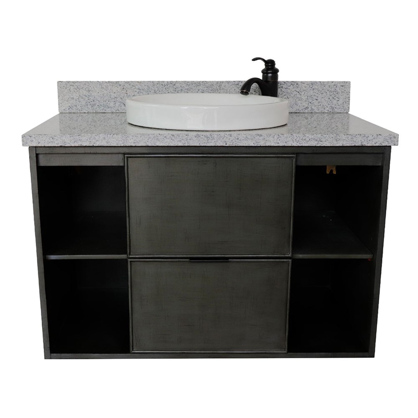 37" Single wall mount vanity in Linen Gray finish with Gray granite top and round sink