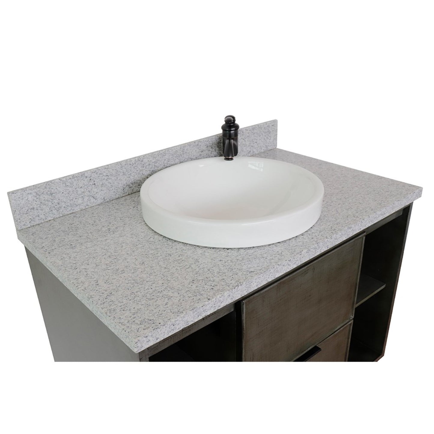 37" Single wall mount vanity in Linen Gray finish with Gray granite top and round sink